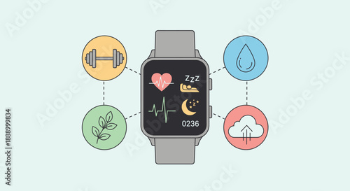 Smartwatch displaying health and fitness monitoring with related icons.