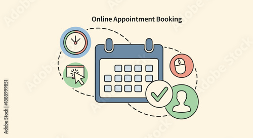 Conceptual illustration of online appointment booking with calendar and icons.