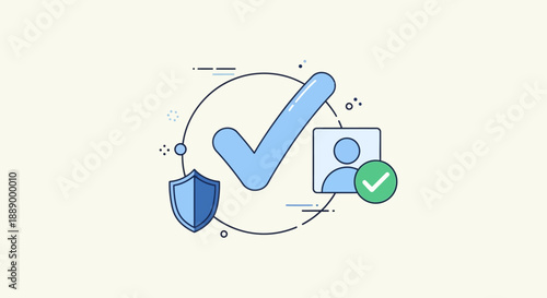 Conceptual illustration of user verification and security with check mark and shield.