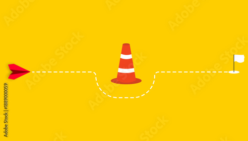 The red paper airplane overcomes the obstacle. The idea of ​​problem-solving through creative solutions. The idea of ​​progressing on the path to success, changing the course.