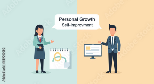 Business professionals discussing personal growth and self-improvement concepts.