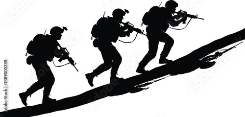Silhouette of three military soldiers running up a hill, holding rifles and wearing tactical gear, black and white vector illustration.