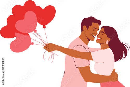 A happy couple embracing and holding heart-shaped balloons on a romantic occasion