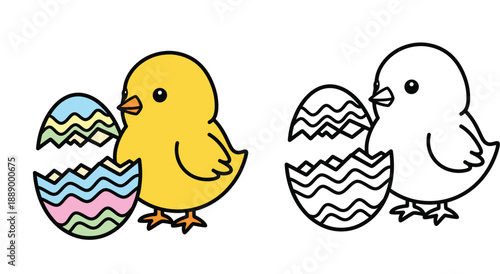 Cute baby chick hatching from decorated Easter egg vector illustration set featuring colored and black and white outline versions for coloring book and spring holiday design