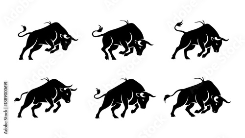 Six black silhouettes of charging bulls in various dynamic poses silhouette