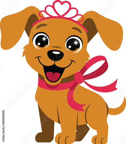 A cartoon dog wearing a pink tiara and bow is smiling happily