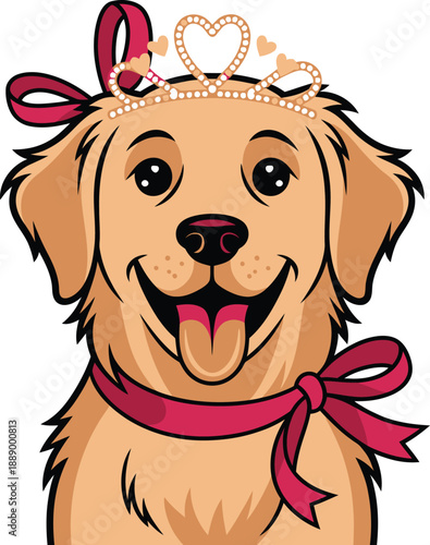 A cartoon golden retriever dog wearing a pink ribbon and a tiara with hearts, smiling happily.