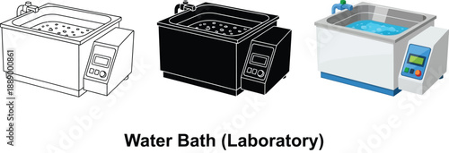 Collection of laboratory water bath illustrations including line art solid black and realistic color versions for scientific use