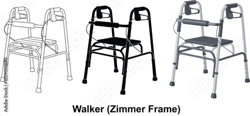 Collection of three walkers including line art black and silver models for mobility assistance and elder care concepts isolated on white