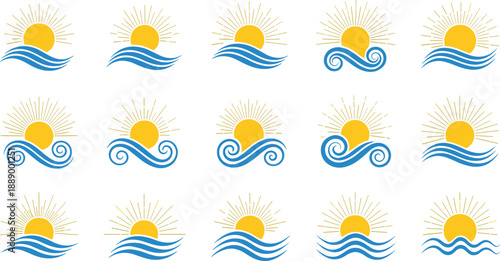 Sun and ocean wave logo collection, summer beach icons, sunrise symbols, coastal nature design set, blue water illustration