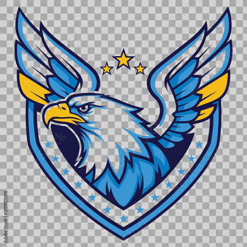Blue and white eagle head with yellow beak and stars on shield logo emblem