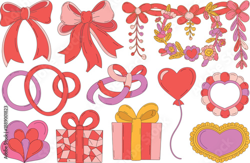 A colorful illustration of various Valentine's Day themed decorations and gifts on a white background.
