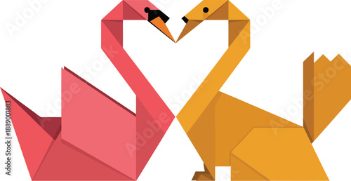 Two origami swans forming a heart shape with their necks on a white background