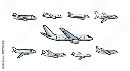 Collection of diverse airplane illustrations showcasing various models and perspectives for travel and aviation themes