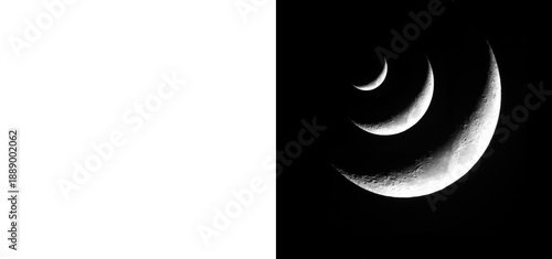 Fotografía Three crescent moon phases with detailed lunar surface textures showing craters