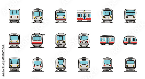 Collection of various train icons for transportation and travel related projects, perfect for websites and apps