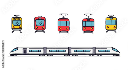 Collection of modern and vintage train icons, showcasing commuter and high-speed rail for urban and intercity transportation