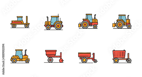 Set of colorful cartoon tractors and agricultural machinery icons, isolated on a white background