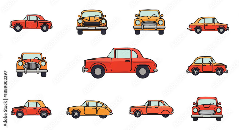 Naklejka premium A vibrant collection of retro car illustrations, featuring classic automobiles in diverse styles and perspectives, perfect for design projects seeking a nostalgic and playful aesthetic