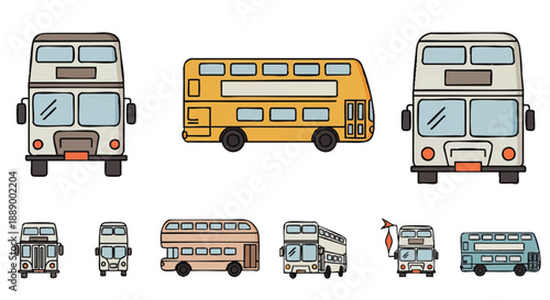 Collection of various double-decker bus illustrations in different colors and angles for transportation and city concepts