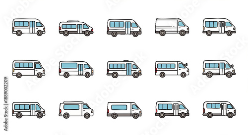 Pixel art icon collection depicting various vans and minibuses, ideal for digital design projects, embodying diverse commercial and passenger transportation concepts