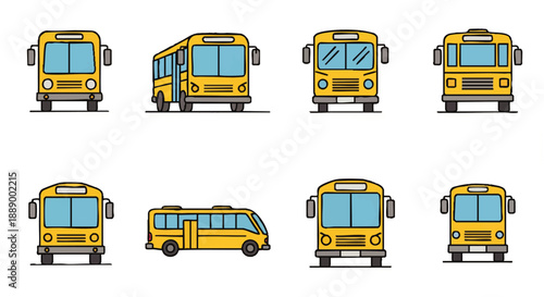 Collection of stylized yellow school bus illustrations, showing front and side views of single and double-door buses for educational transportation