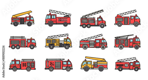 Cartoon fire trucks, emergency rescue vehicles collection. Diverse fire engine designs with ladders, tools, illustrating fire safety and rapid public response