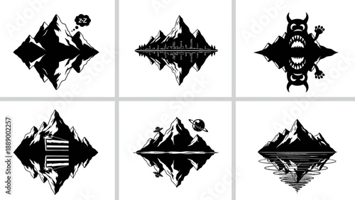 Collection of surreal mountain range illustrations reflecting diverse scenes like cities, monsters, and outer space