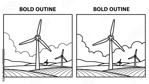 Two identical vector illustrations of wind turbines in a field under cloudy sky, line art with bold outlines
