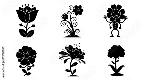 Set of six unique black and white flower silhouettes with varied designs and whimsical elements perfect for decorative graphics and patterns