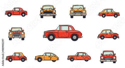 A vibrant collection of retro car illustrations, featuring classic automobiles in diverse styles and perspectives, perfect for design projects seeking a nostalgic and playful aesthetic