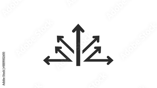 Minimalist animated icon of a central arrow splitting into multiple arrows pointing in various directions, symbolizing distribution or diversification.
