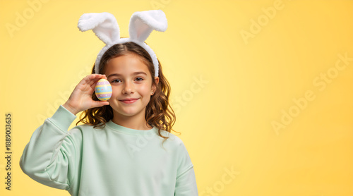Smiling young girl wearing bunny ears and holding a decorated Easter egg. Happy child celebrating spring holiday on yellow background. Copy space for text. Easter banner concept