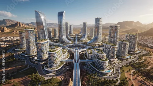 Futuristic city construction growing in desert landscape