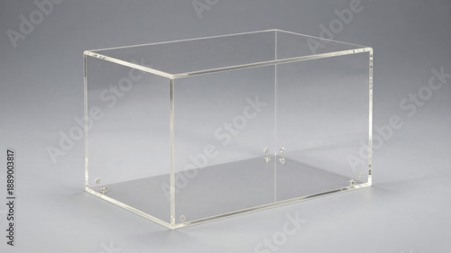Transparent acrylic box placed on white surface in clean light with soft shadows and sharp edges
