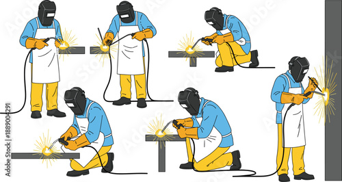 Professional Welder Character Pose Illustration Set with Safety Gear and Sparks for Industrial Fabrication Design