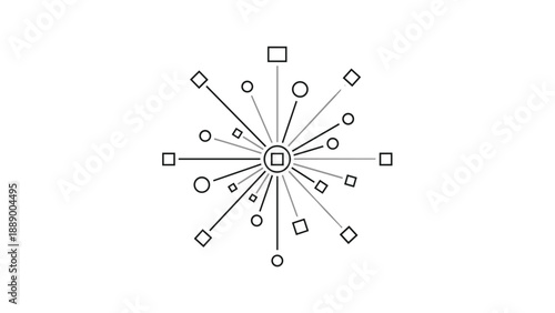 Abstract animated icon of a central point radiating out to various geometric shapes, symbolizing a hub, network, or distribution system.