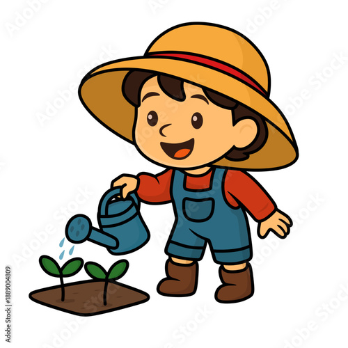 cartoon illustration of a little girl farmer watering plants