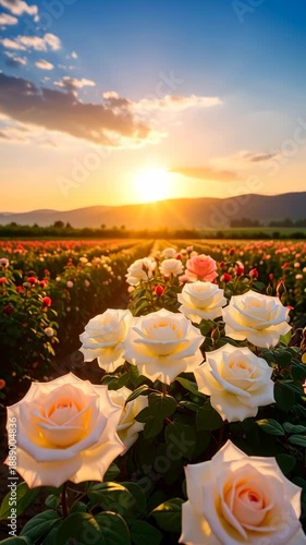 Vast rose field at sunrise with golden sun rays illuminating the sky and distant mountains