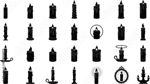 Burning candle silhouette icons collection, wax flame graphics, spiritual light symbols, decorative black vector elements, ritual illustration pack