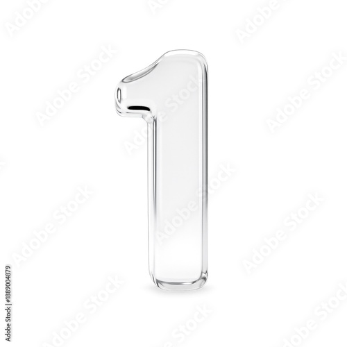 Luxury 3D glass number one, transparent crystal numeric character with glossy reflection on white background, modern elegant font for anniversary or premium design