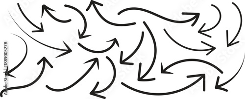 A black and white illustration of multiple arrows pointing in various directions on a plain background