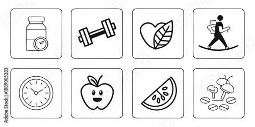 Set of healthy lifestyle icons representing fitness, nutrition, and well-being