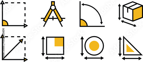 Geometry, measurement, cylinder, dimensions, size Icons Set, Line Style Vector for Web Design and User Interfaces