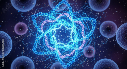 Vibrant blue and pink neon star shape surrounded by translucent purple and blue spheres on a dark purple background with white specks