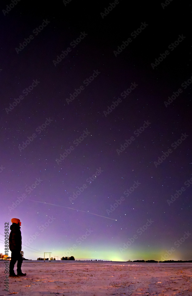 Fototapeta premium A woman looking at Northern lights aurora borealis and meteor Sweden 11.01.2026