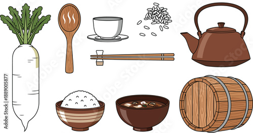 Japanese Food and Kitchen Utensils Icon Set with Rice Soup Chopsticks and Traditional Cooking Elements