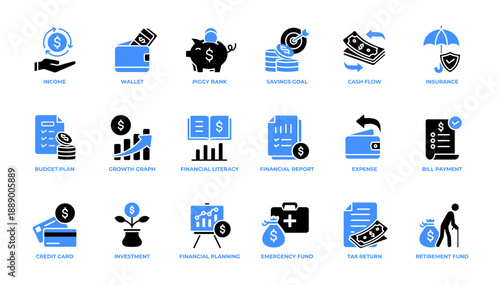 Money Management icon set pack collection glyph. Vector Illustration