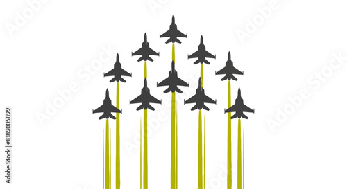 Formation of fighter jets soaring with yellow contrails.