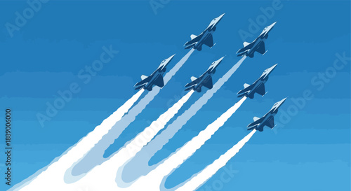 Six fighter jets flying in formation with smoke trails.